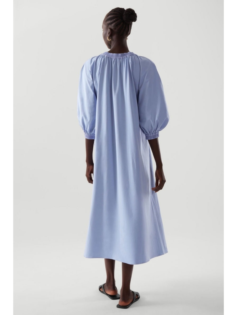 COS Light Blue Volume-Sleeve Mixed Media Midi Dress Pockets 3/4 Sleeves Size S - Picture 3 of 10